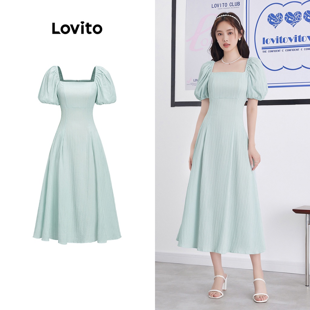 Lovito Casual Plain Pleated Dress For Women L58AD091 Light Blue