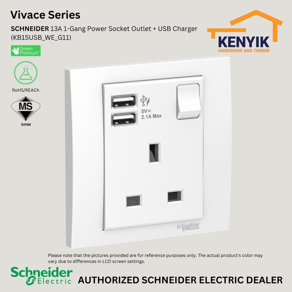 SCHNEIDER 13A 1 Gang Power Socket Outlet USB Charger Vivace Series