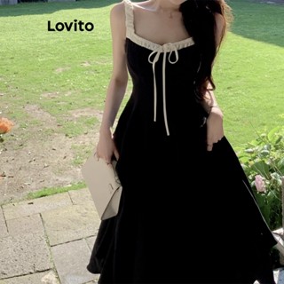 Lovito Elegant Plain Lace Up Dress For Women LNE36037 Blue Black Gaun