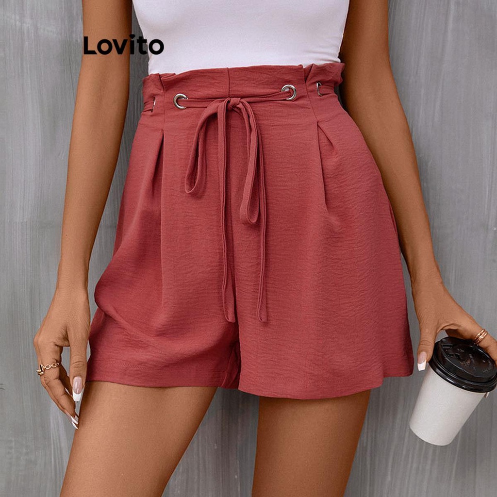 Lovito Casual Plain Pleated Lace Up Lettuce Trim Shorts For Women