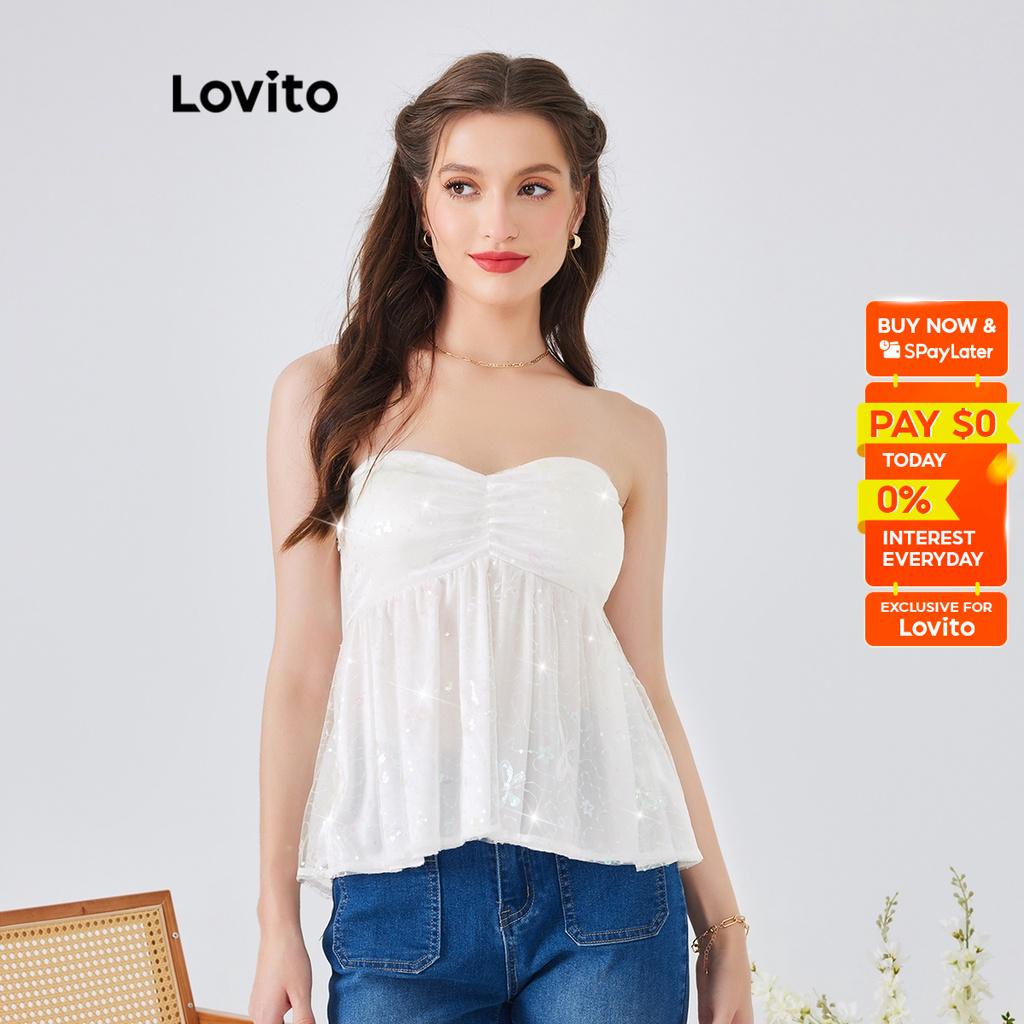 Lovito Party Plain Ruched Sequin Side Zip With Lining Tank Top For