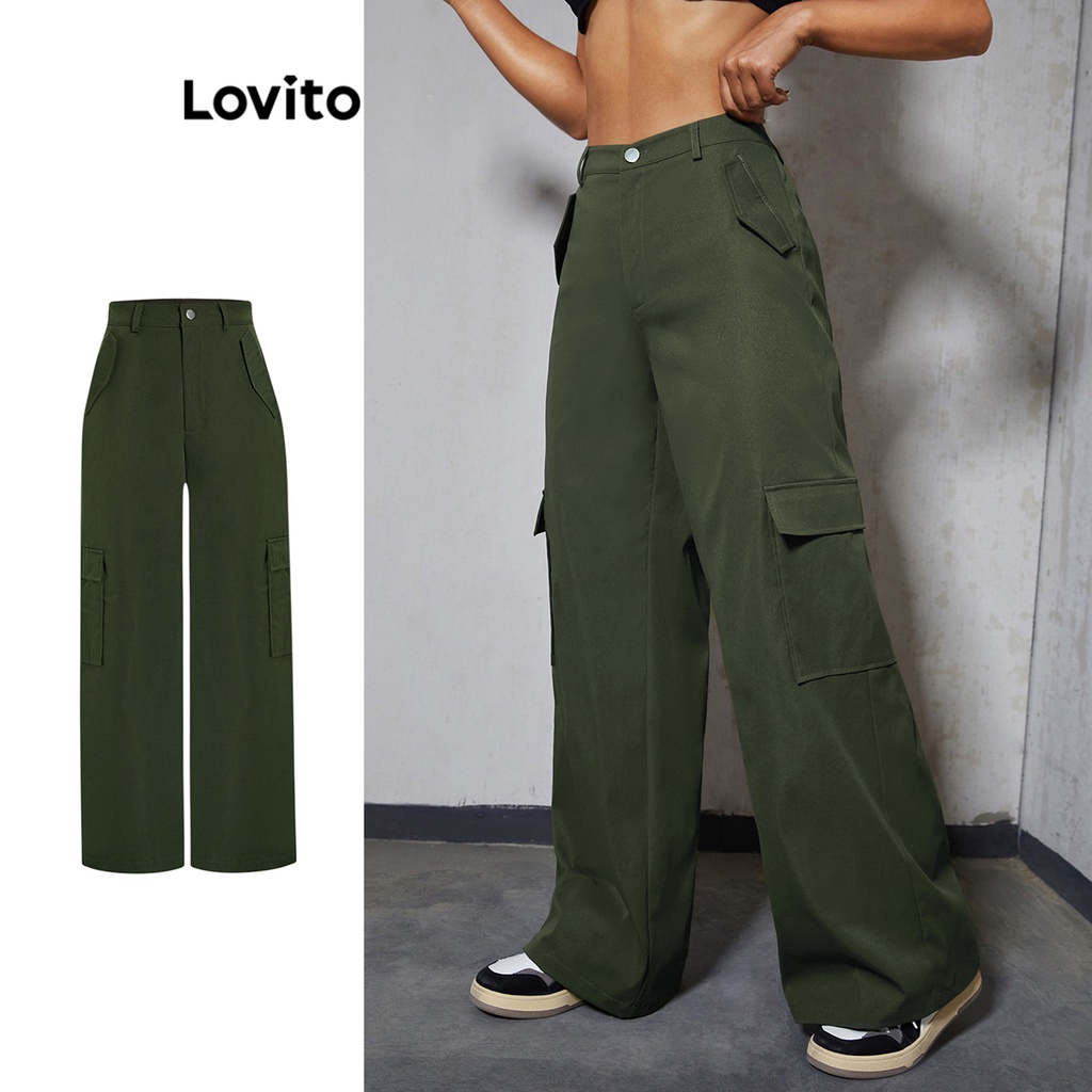 Lovito Casual Plain Pocket Pants For Women Lba Army Green Celana