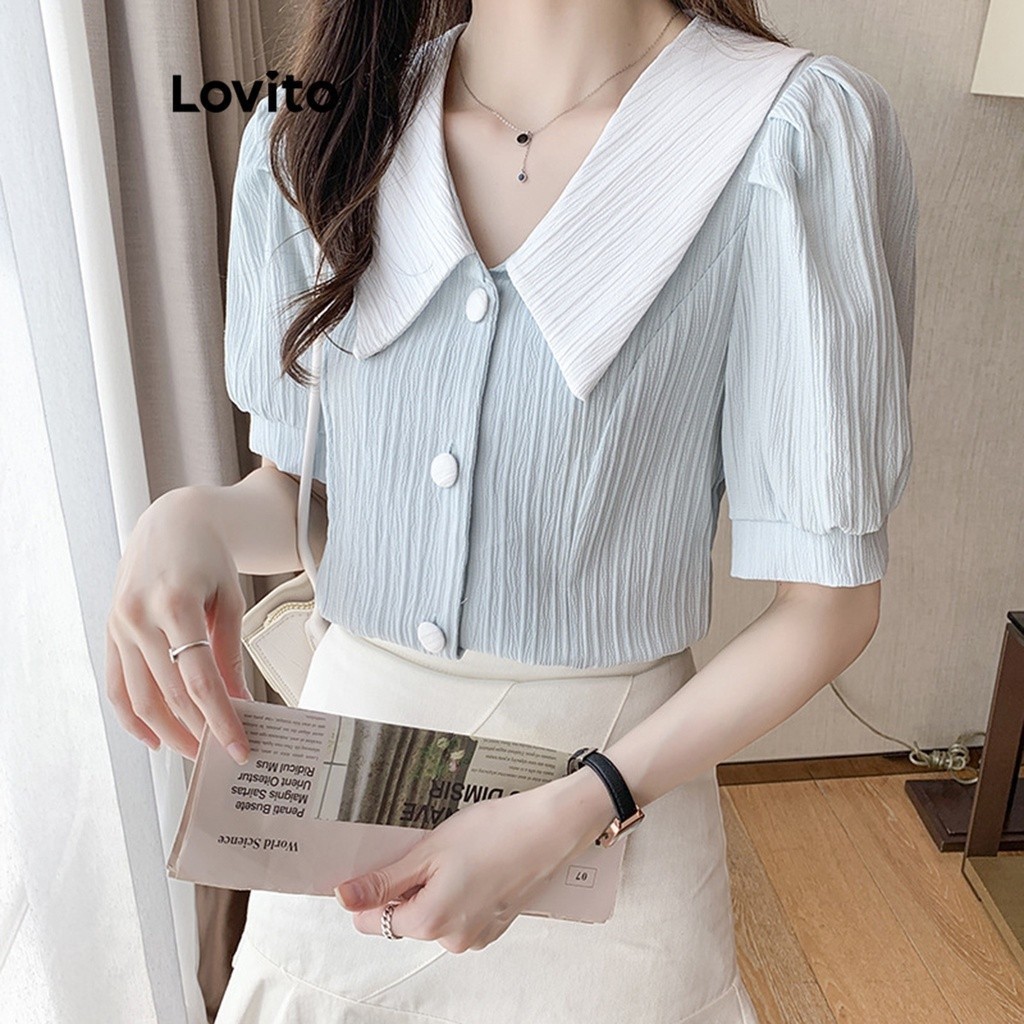 Lovito Casual Plain Colorblock Button Blouse For Women LNE27074 Light