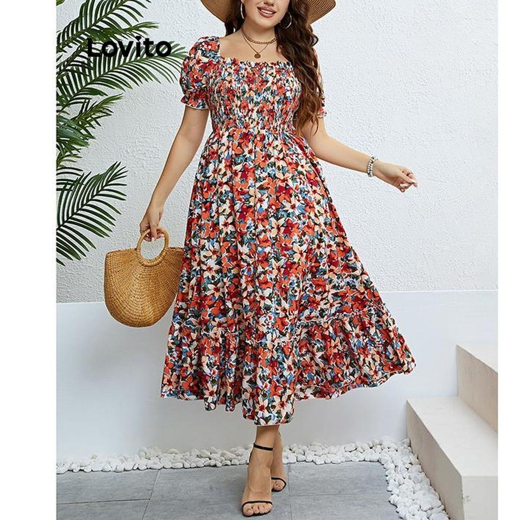 Lovito Elegant Ditsy Floral Smocked Ruffle Hem Plus Size Dress For