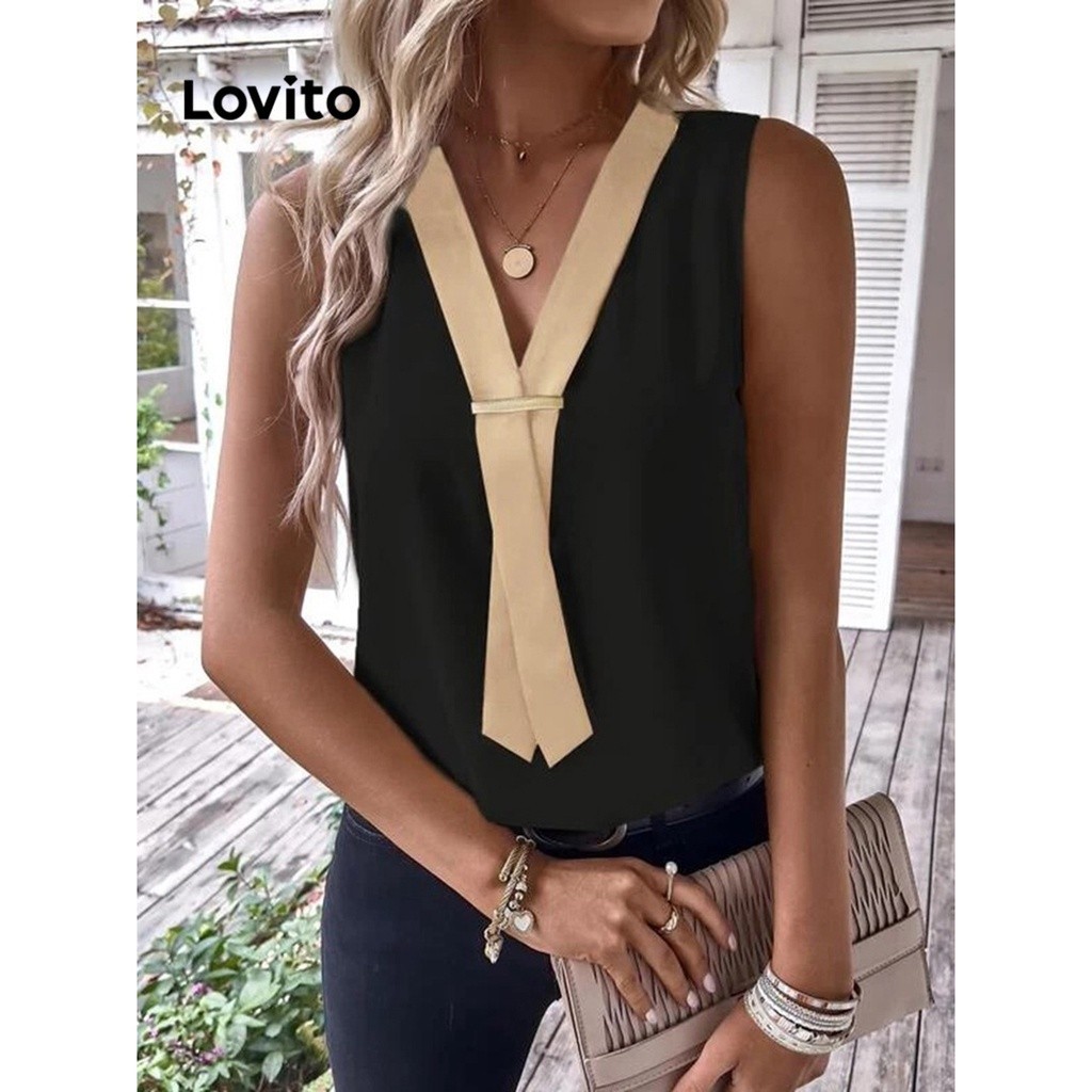 Lovito Elegant Patchwork Colorblock Tank Top For Women Lne Black