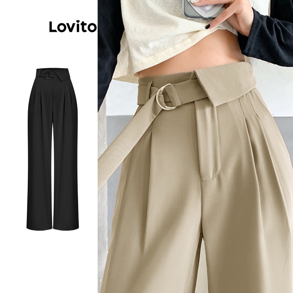 Lovito Elegant Plain Asymmetrical Metal Pants For Women L Ed Celana