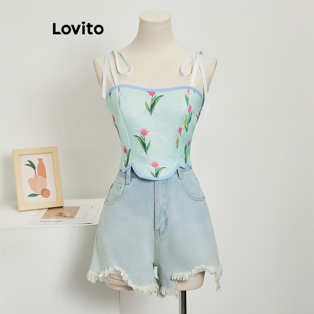 Lovito Regular Fit Casual Contrast Binding Ruffle Hem Lace Up Love