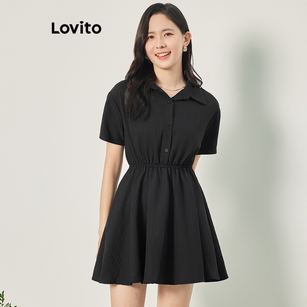 Lovito Casual Plain Button Front Pleated Dress For Women L68ED160