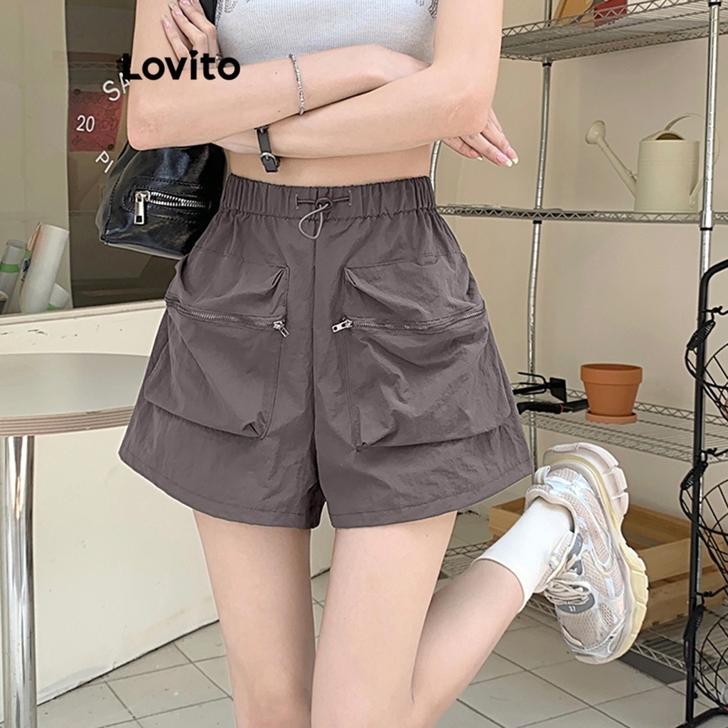 Lovito Casual Plain Pocket Zipper Shorts For Women Lna Grey