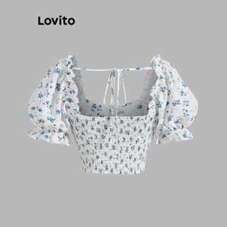 Lovito Casual Ditsy Floral Lettuce Trim Puff Sleeve Blouse For Women