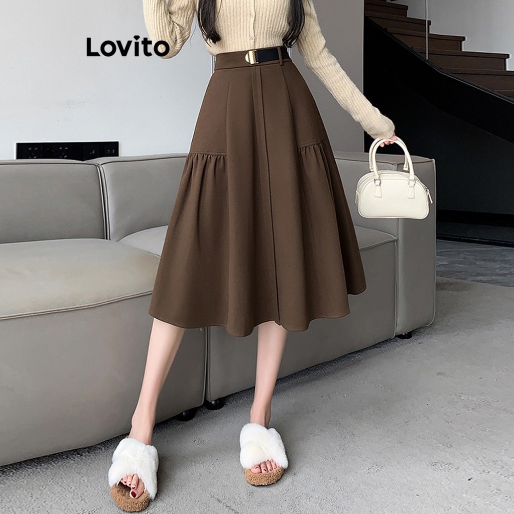 Lovito Casual Plain Metal Ruched Skirt For Women LNA34047 Coffee