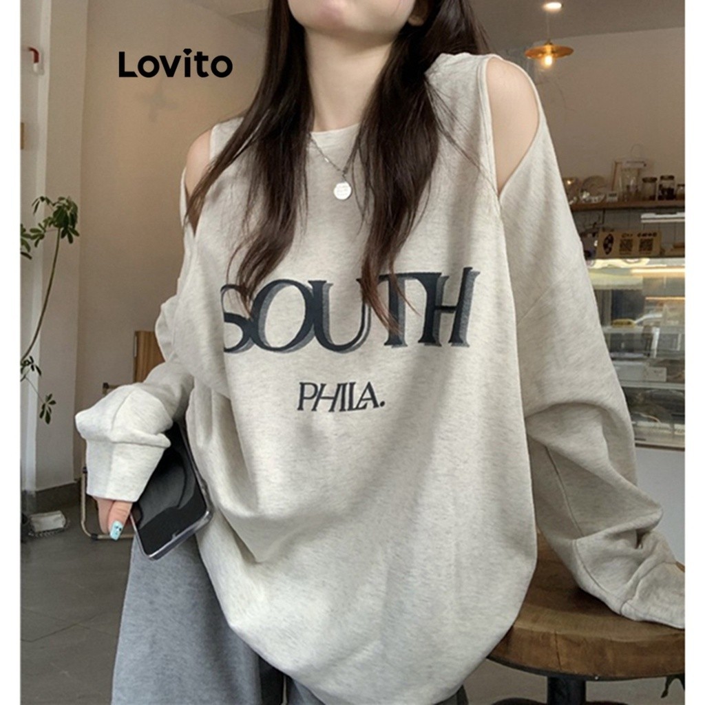 Lovito Casual Letter Pattern Cut Out Cold Shoulder Sweatshirt For Women