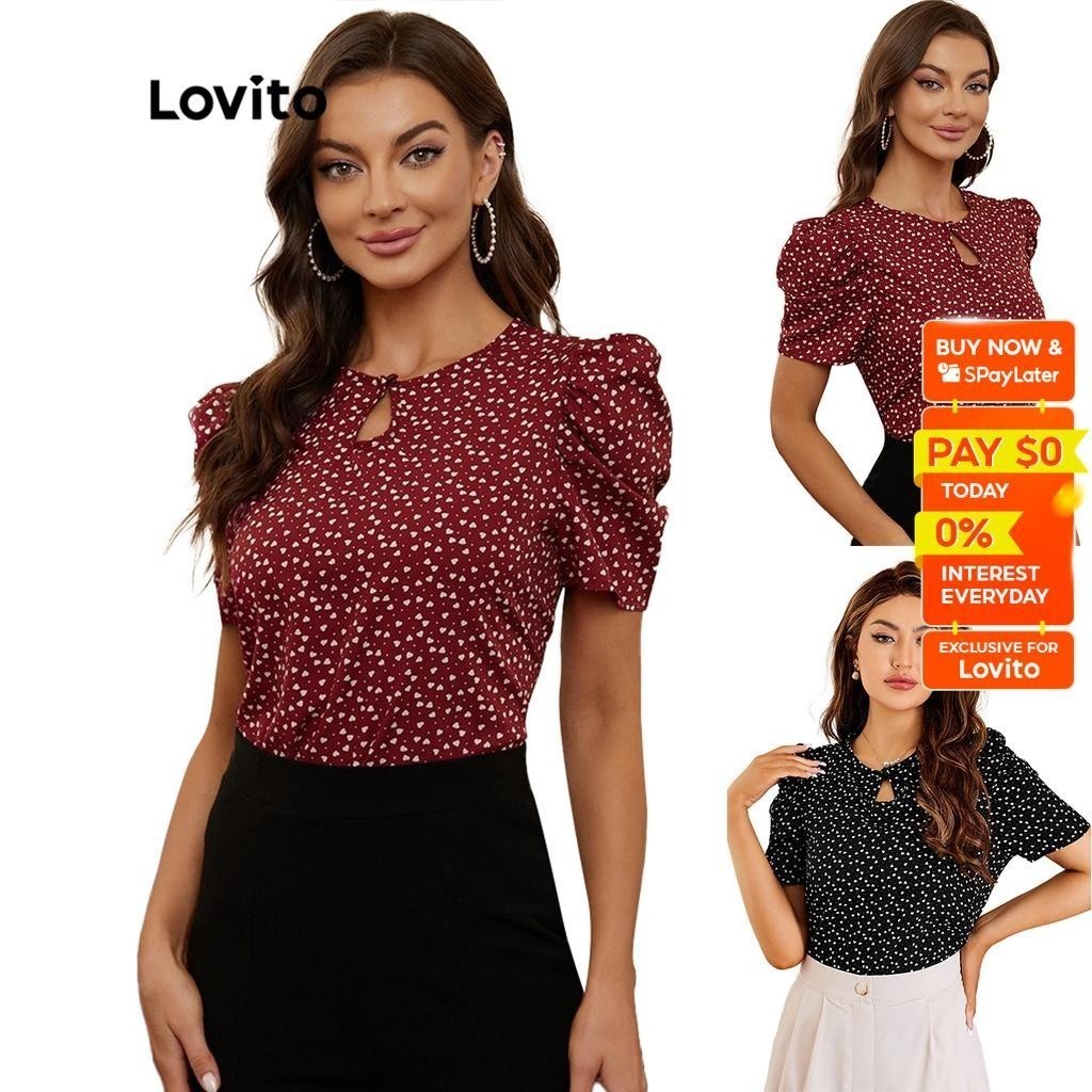 Lovito Elegant Polka Dots Short Puff Sleeve Keyhole Neckline Chiffon