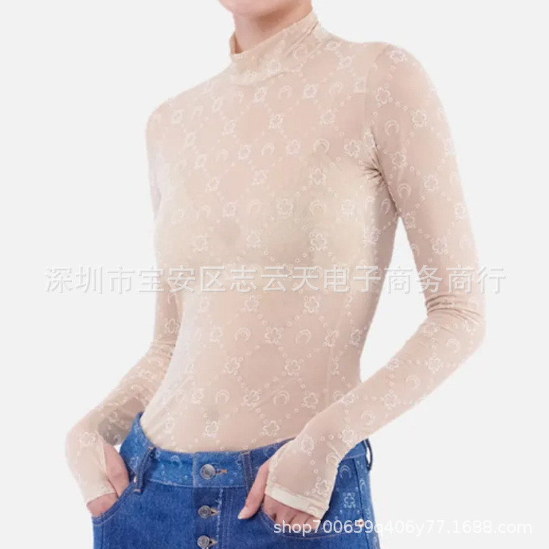 Marine Serre Mesh Bottoming Shirt Flocking Turtleneck Moon Lace