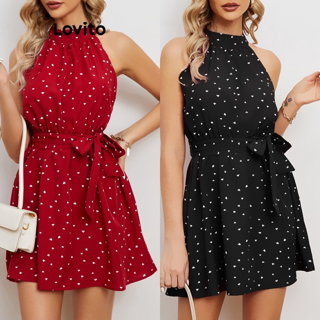 Lovito Casual Polka Dot Ruched Belted Dress For Women Lne Multi