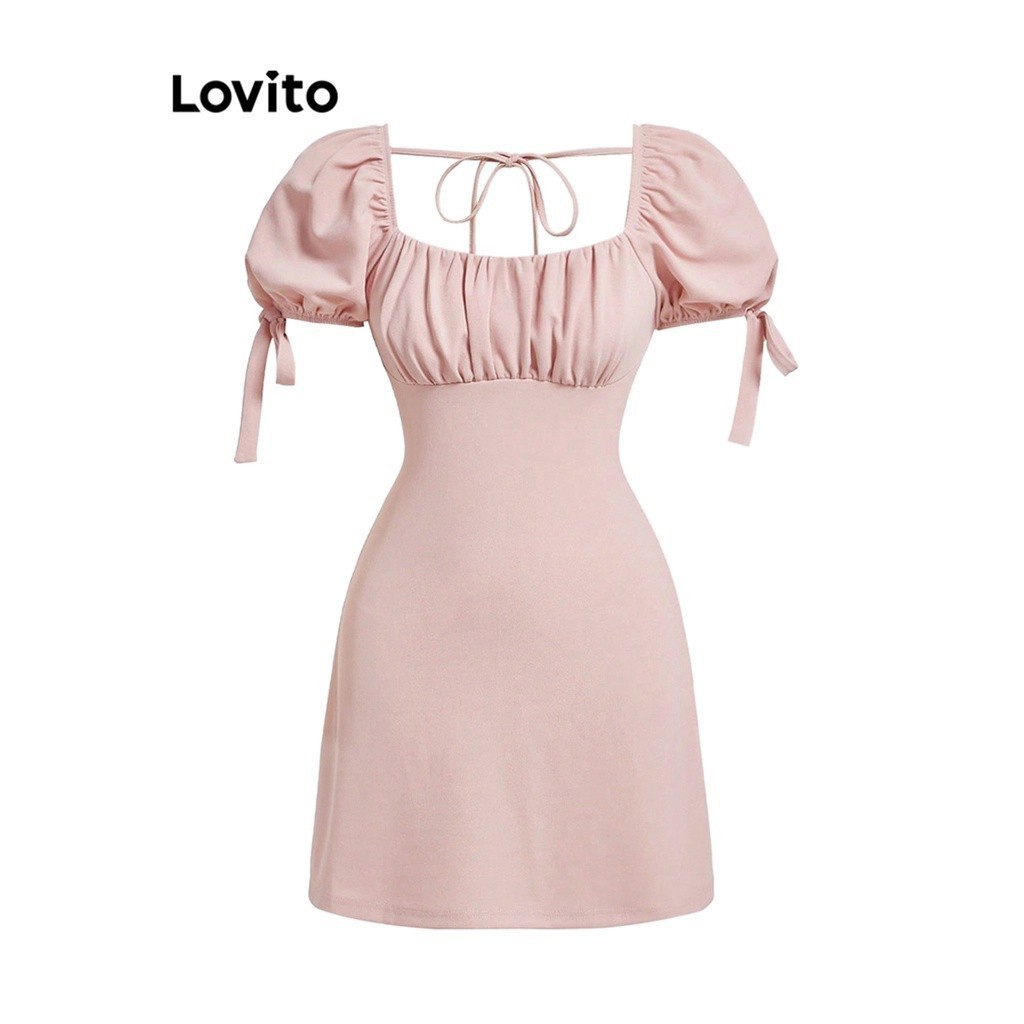 Lovito Casual Plain Frill Lace Up Dress For Women L Ed Pink