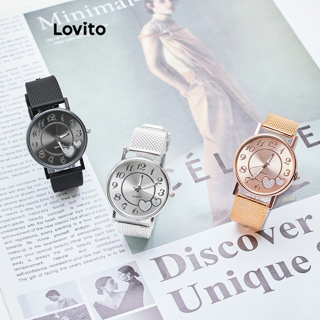 Lovito Elegant Heartshape Commuting Mesh Belt Quartz Watch For Women