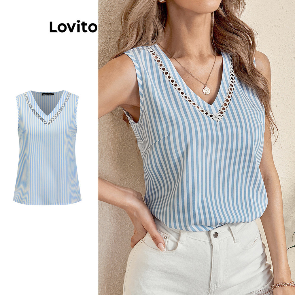 Lovito Elegant Striped Fabric Stitching Ruffle Neck Blouse For Women