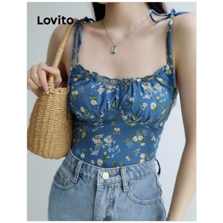 Lovito Casual Ditsy Floral Lace Up Lettuce Trim Smocked Tank Top For