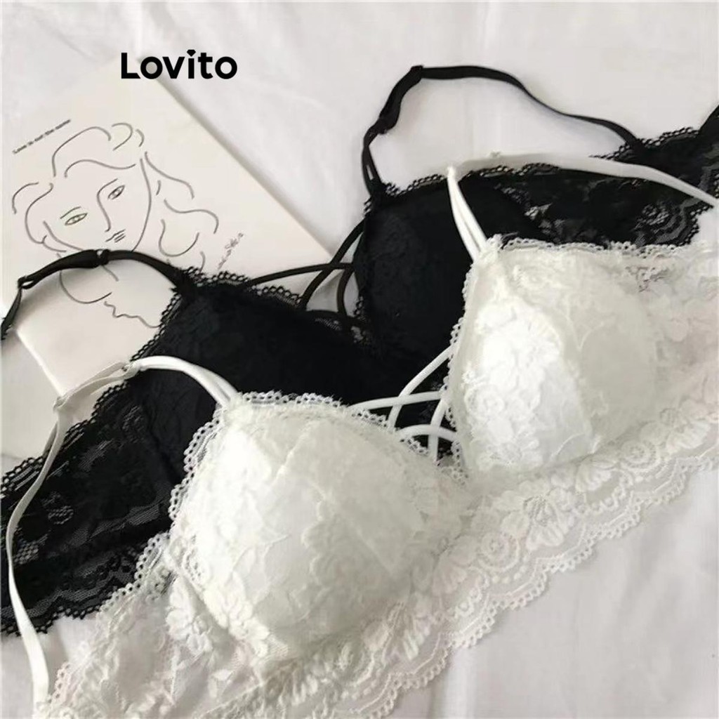 Lovito Casual Plain Criss Cross Lace Bralette For Women LNE52301