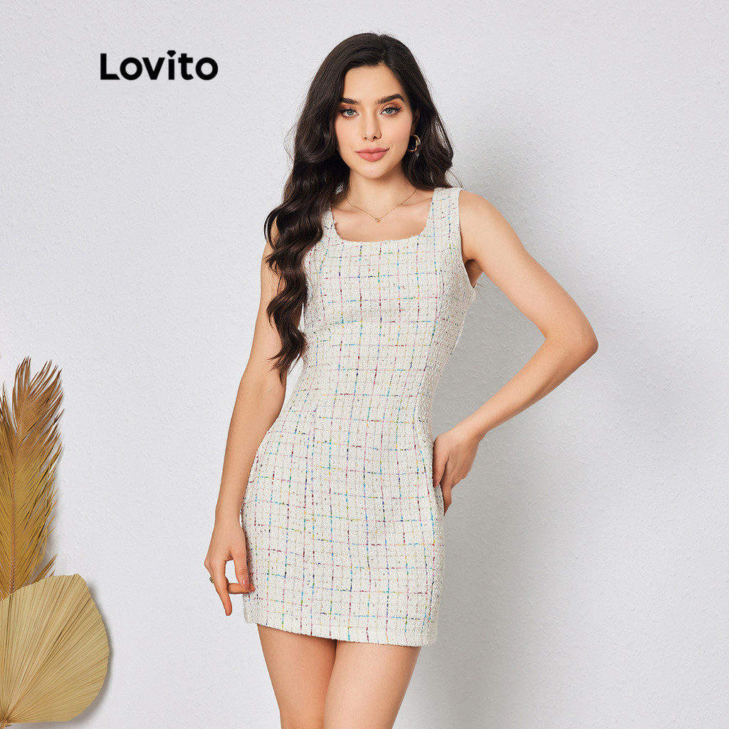 Lovito Elegant Plaid Zipper Dress For Women Lbl Gaun Ritsleting