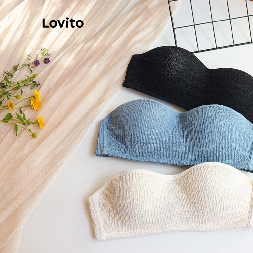 Lovito Casual Plain Plicated Bralette For Women Lna Off White