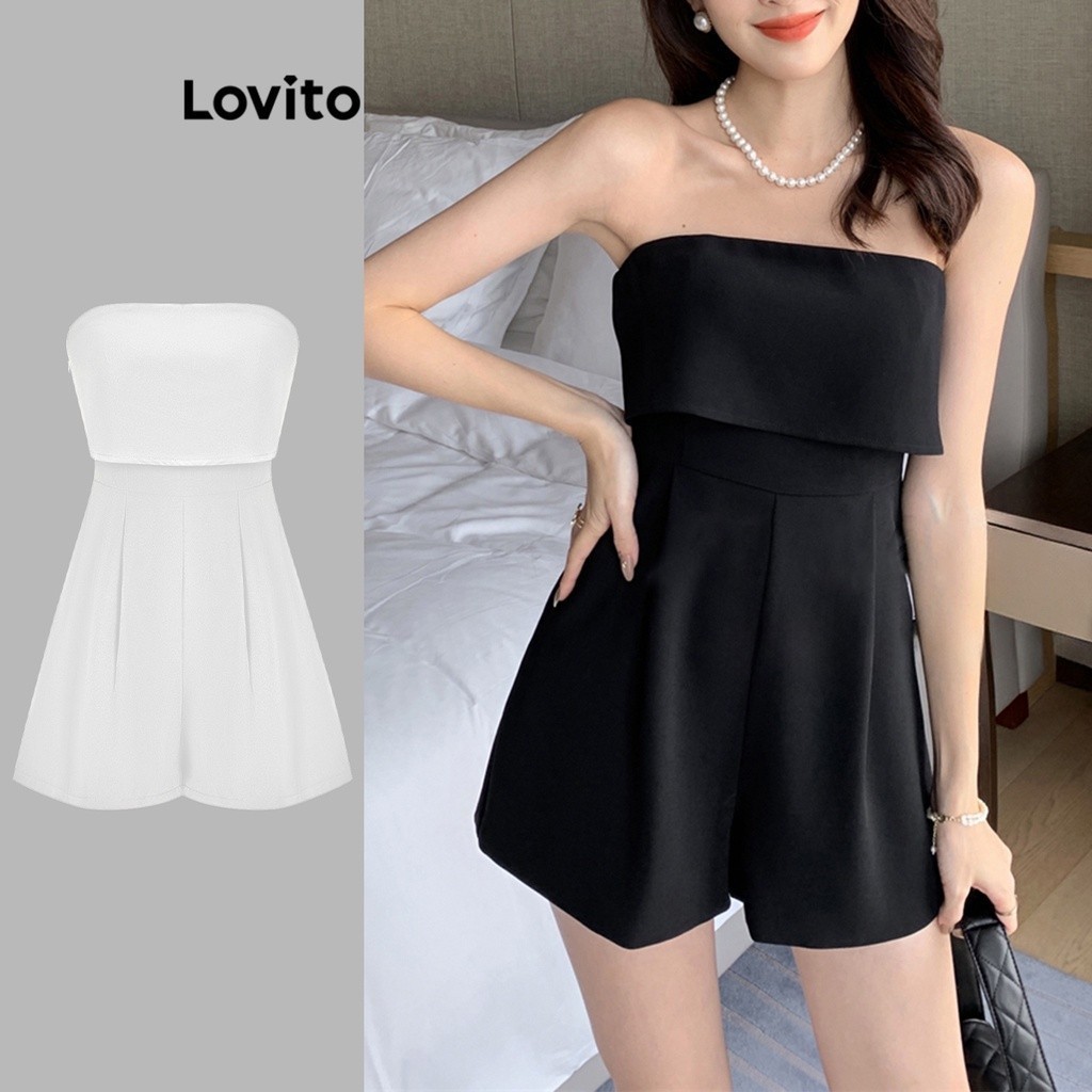 Lovito Elegant Plain Ruffle Double Button Jumpsuits For Women L68ED208