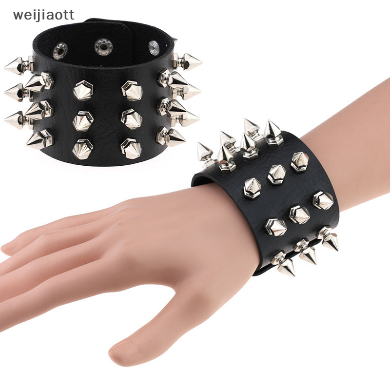 Weijiaott Three Row Rivet Stud Wide Cuff Pu Leather Punk Gothic Rock