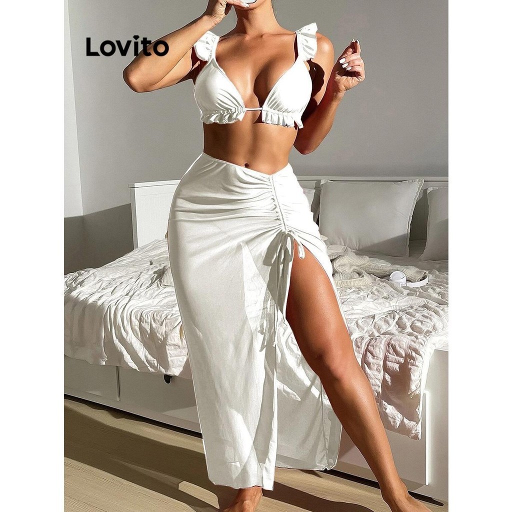 Lovito Sexy Plain Frill Bikini Set For Women Lnl Shopee Malaysia