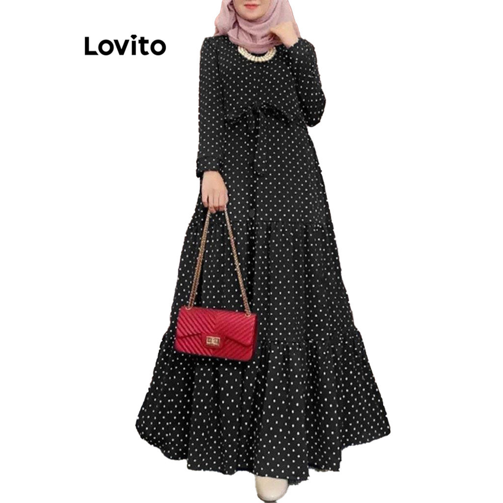 Lovito Casual Polka Dot Bow Dress For Women LNE47394 Lovito Gaun Pita