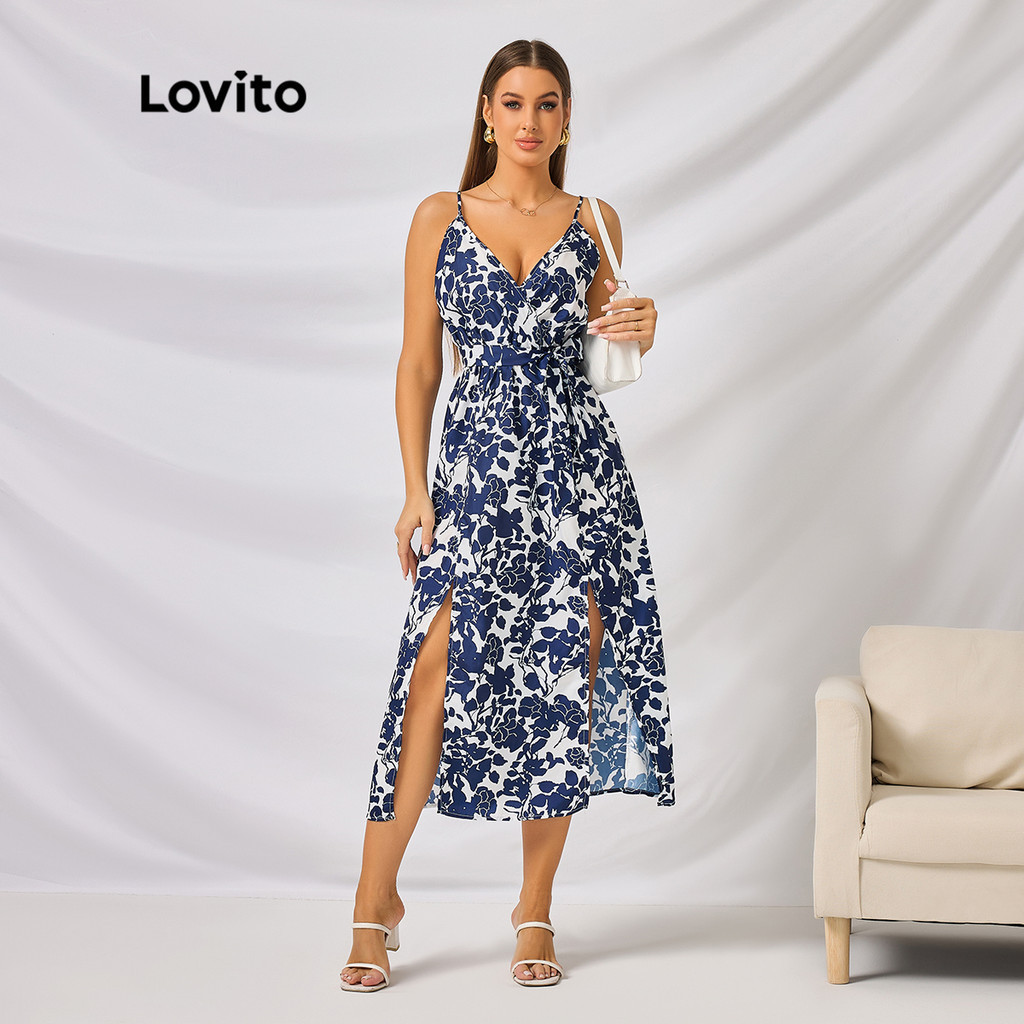 Lovito Boho Plants Wrap Split Elastic Waisted Dress For Women LBL09157