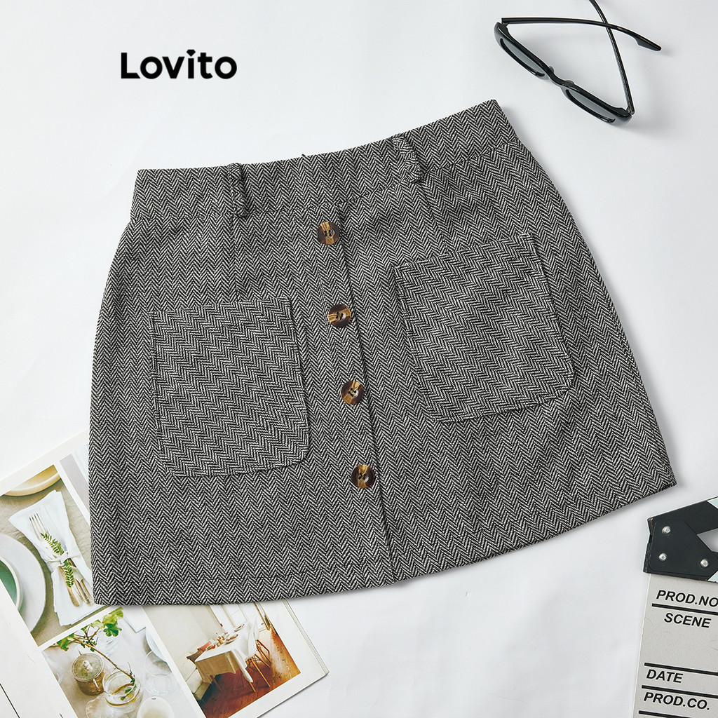 Lovito Casual Plain Button Pocket Skirts For Women Lna Coffee