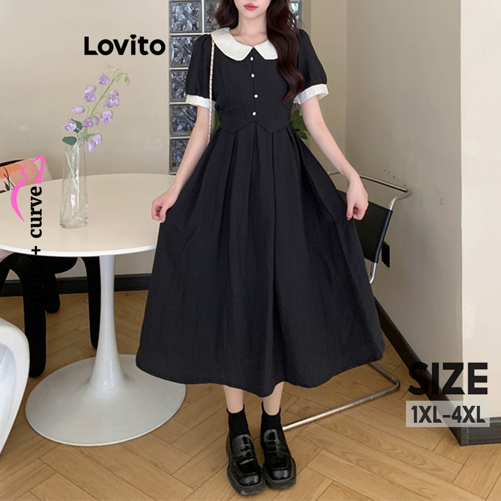 Lovito Plus Size Curve Cute Plain Colorblock Contrast Collar Dress For