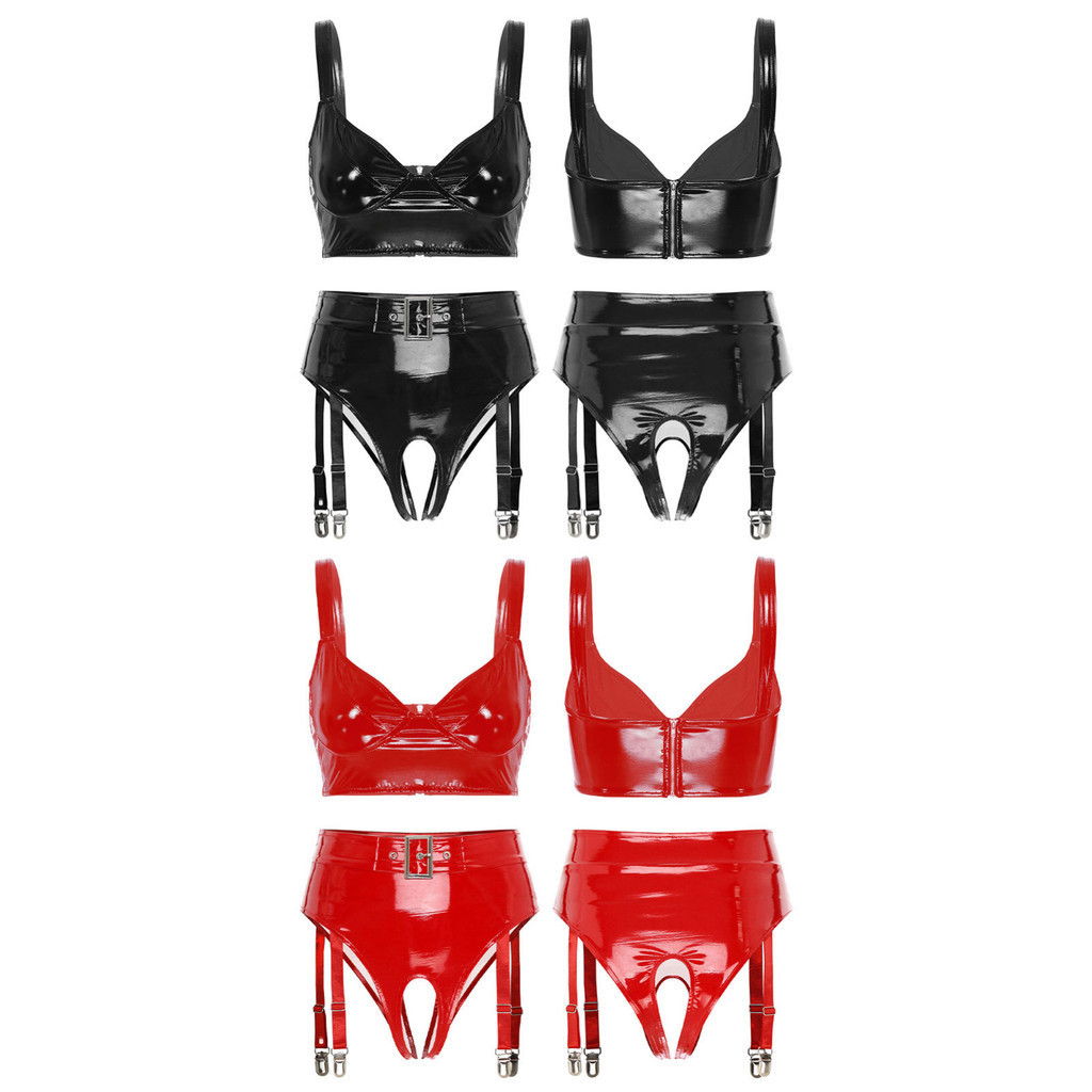 JanJean Womens Glossy Patent Leather Lingerie Set Wireless V Neck Bra