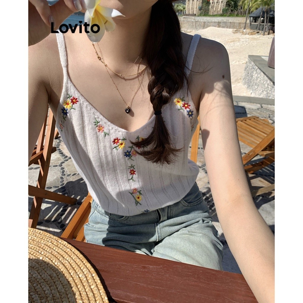 Lovito Casual Plain Embroidery Tank Top For Women Lne White