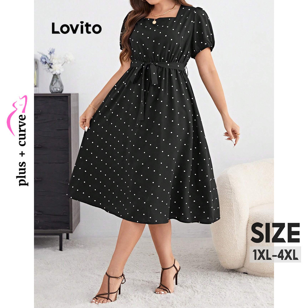 Lovito Plus Size Curve Elegant Polka Dot Lace Up Dress For Women