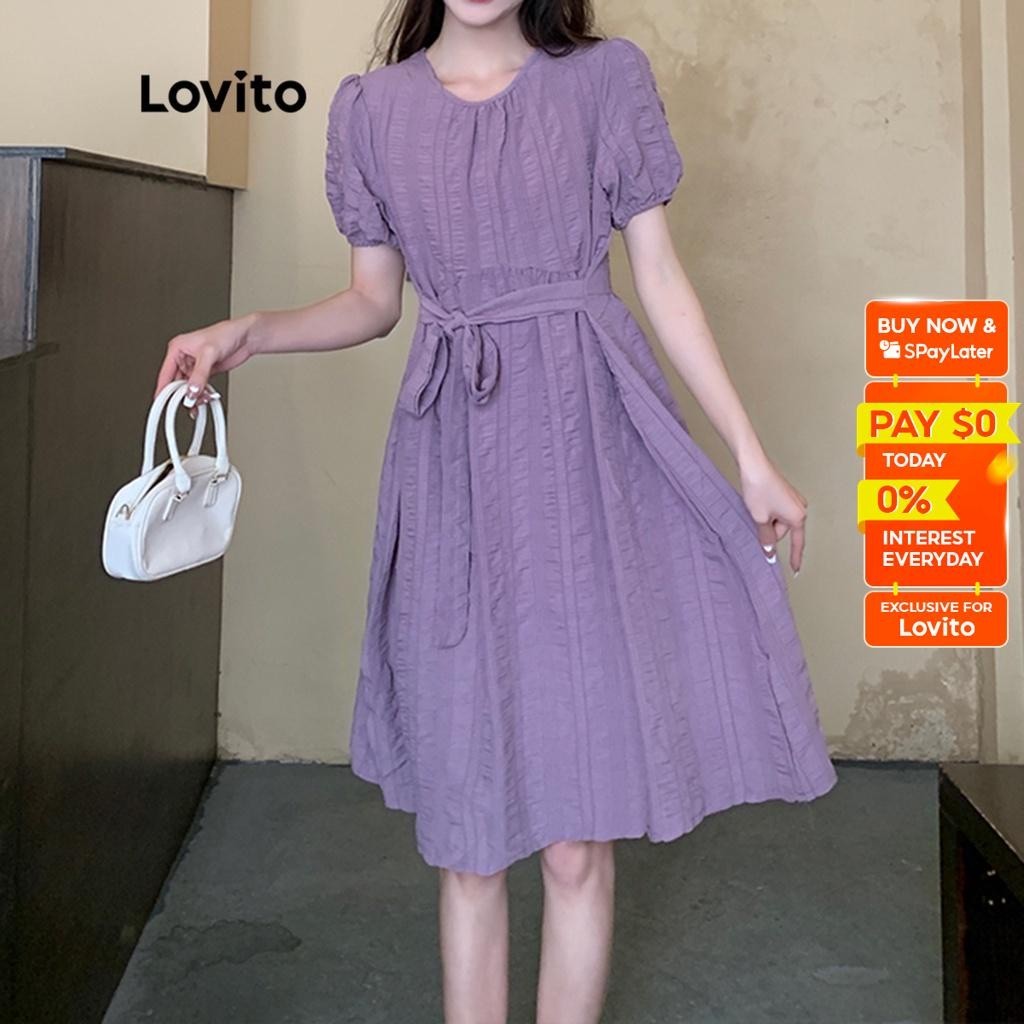 Lovito Casual Plain Belted A Line Maxi Dress For Women LNE04137 Purple