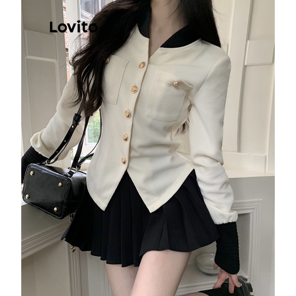 Lovito Casual Plain Colorblock Button Front Blouse For Women Lne