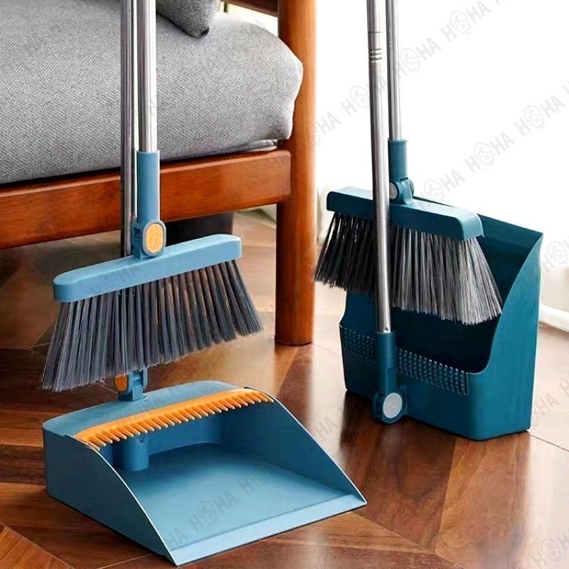 In Rotatable Foldable Sweeper Broom Dustpan Set Tangle Hair Outdoor