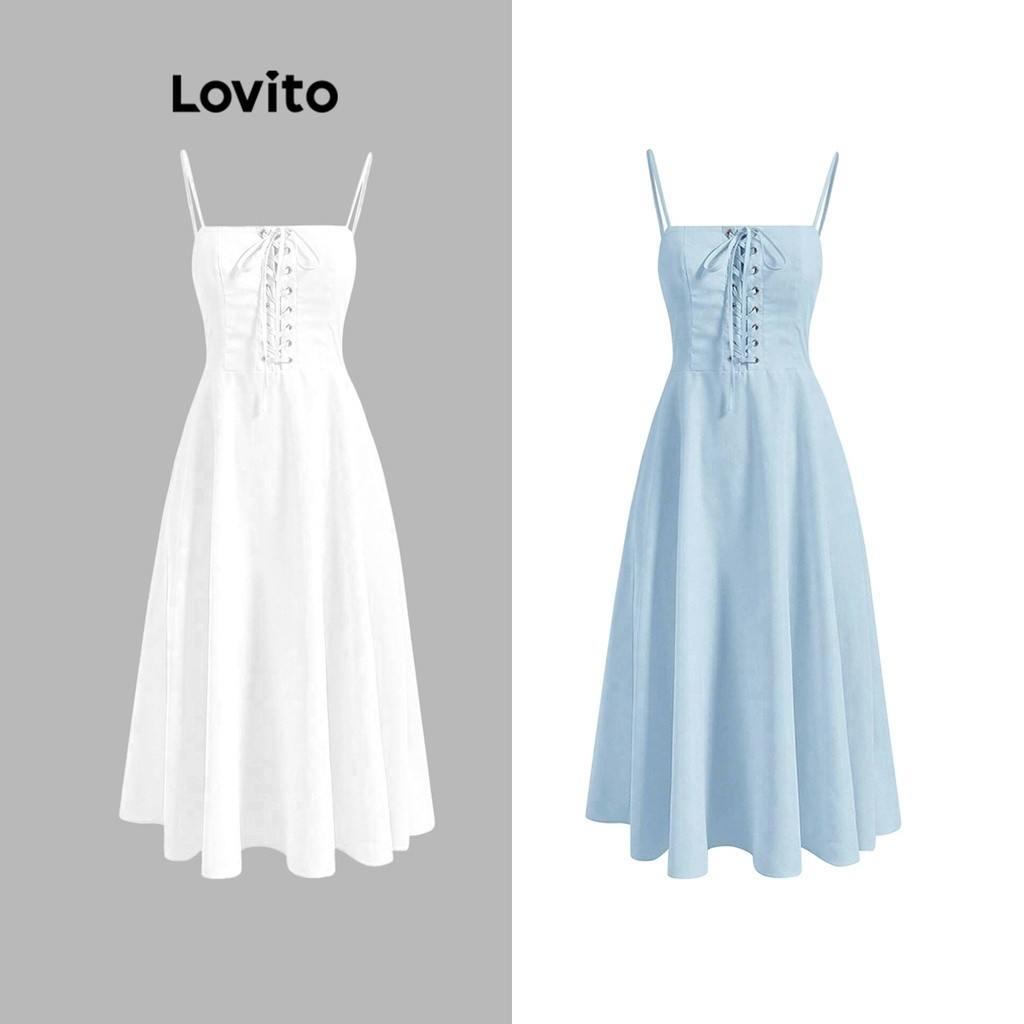 Lovito Casual Plain Lace Up Dress For Women L74ED063 White Blue