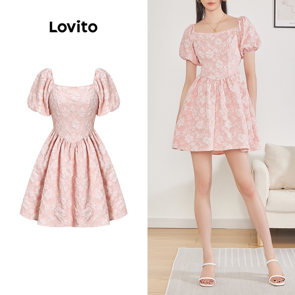 Lovito Casual Ditsy Floral Ruffle Puff Sleeve Square Neck Dress For