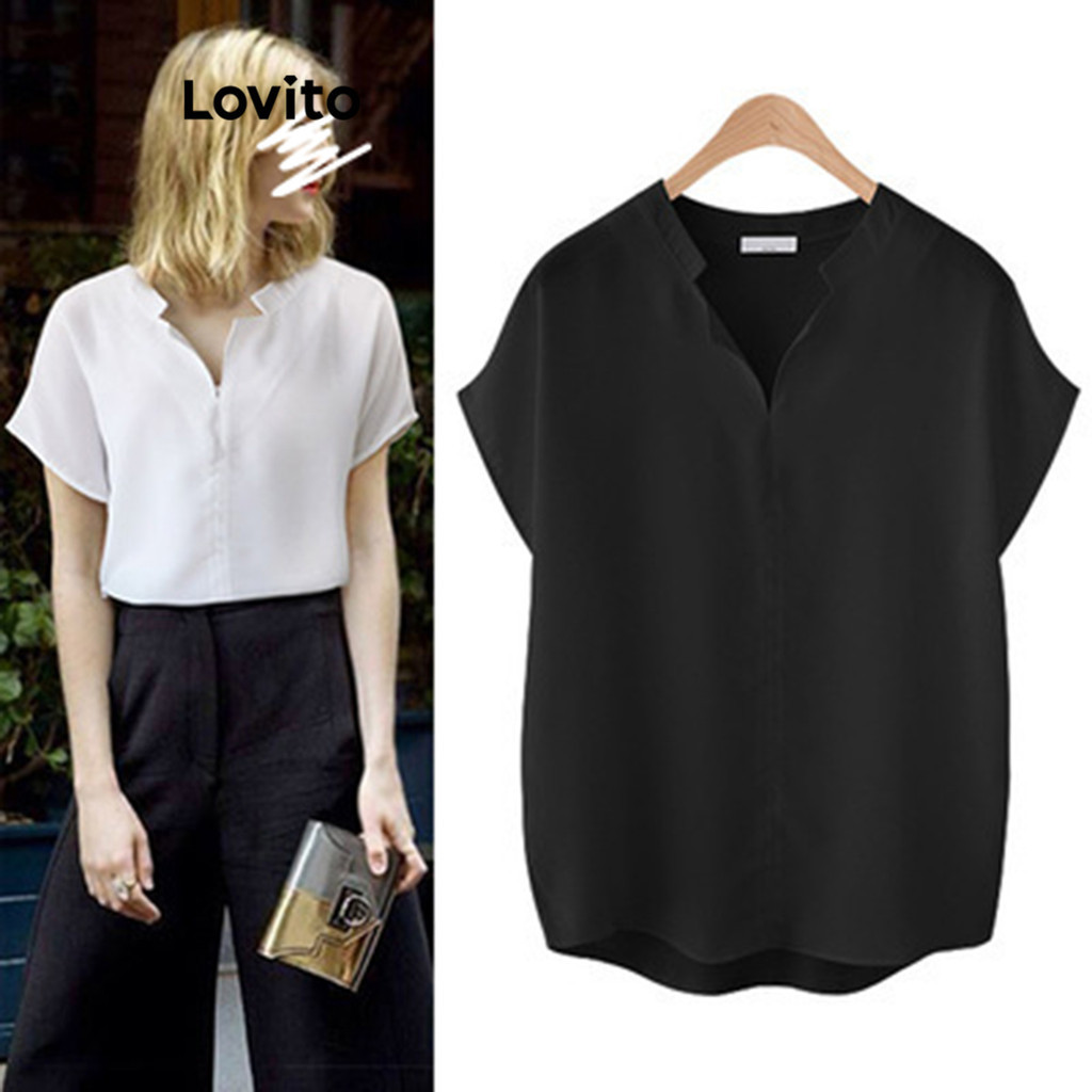 Lovito Elegant Plain Split Front Blouse For Women LNL35032 White Black