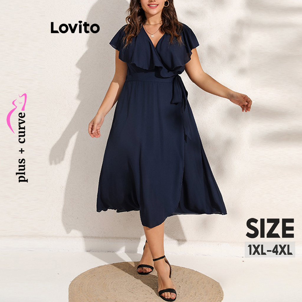 Lovito Plus Size Curve Elegant Plain Lace Up Ruffle Dress For Women