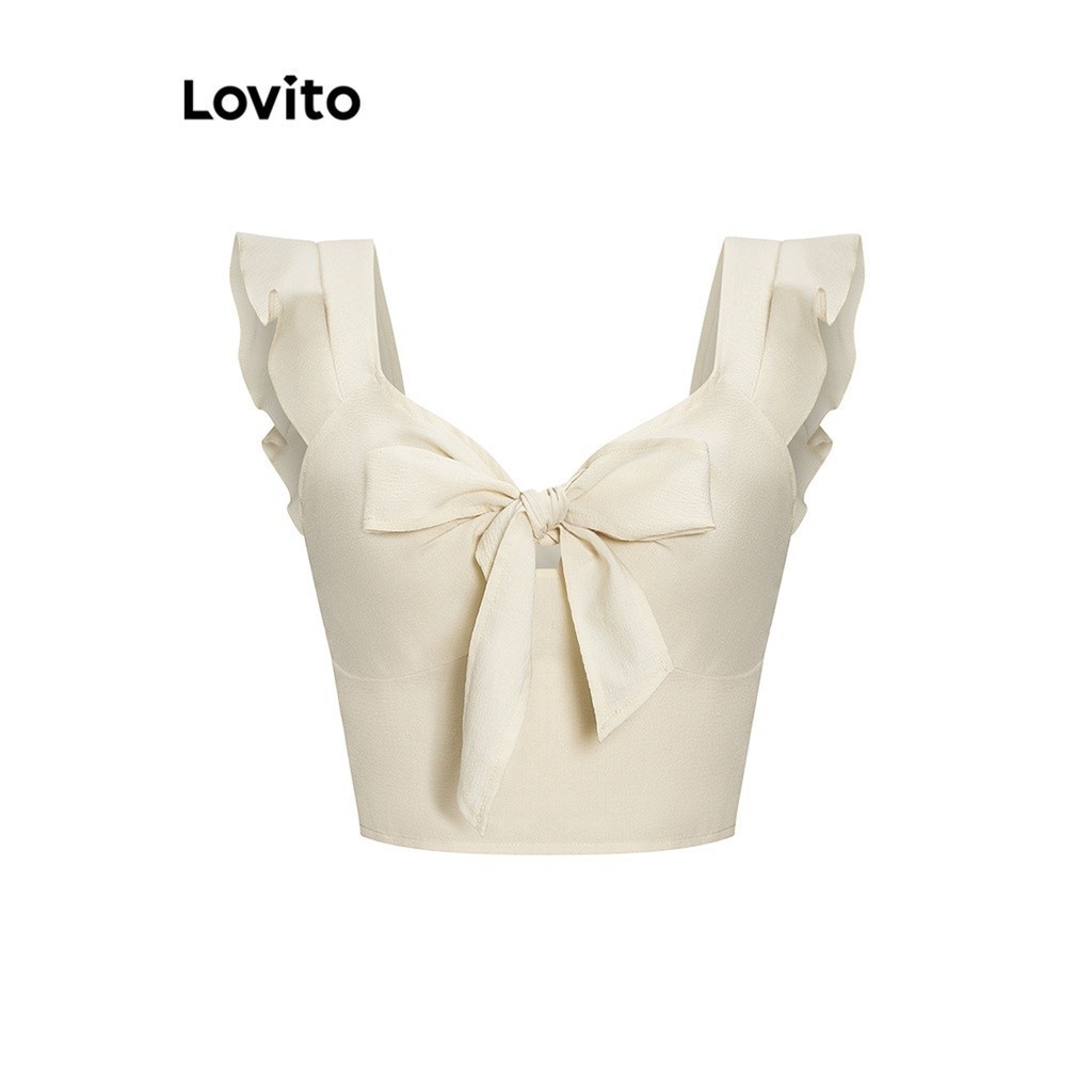 Lovito Casual Plain Lace Up Frill Tie Front Crop Tank Top For Women