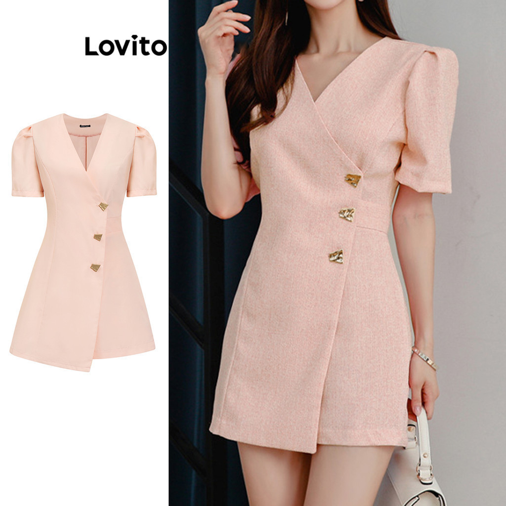 Lovito Casual Plain Button Fake In Zipper Jumpsuit For Women