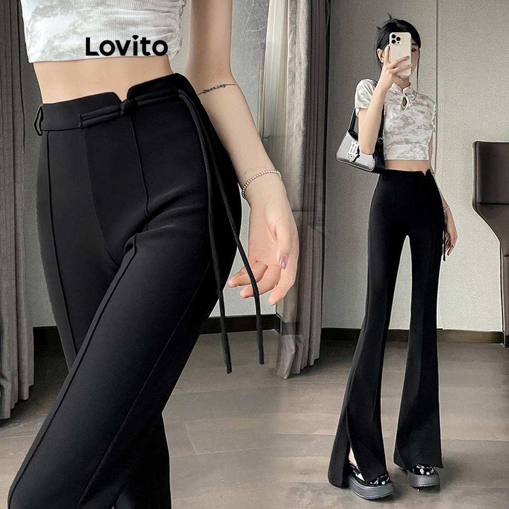 Lovito Casual Plain Lace Up Pants For Women Lna Shopee Malaysia