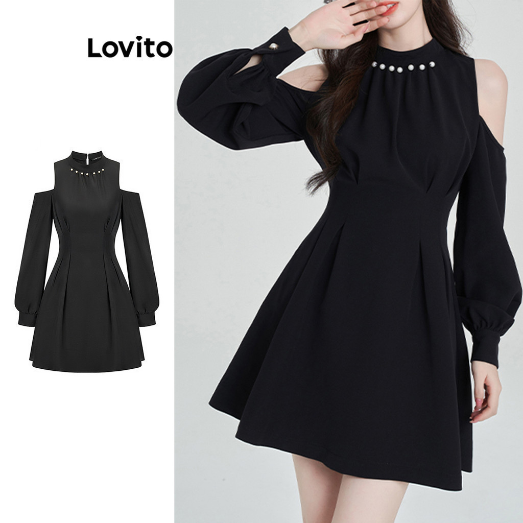 Lovito Casual Plain Cold Shoulder Pearls Dress For Women L Ad