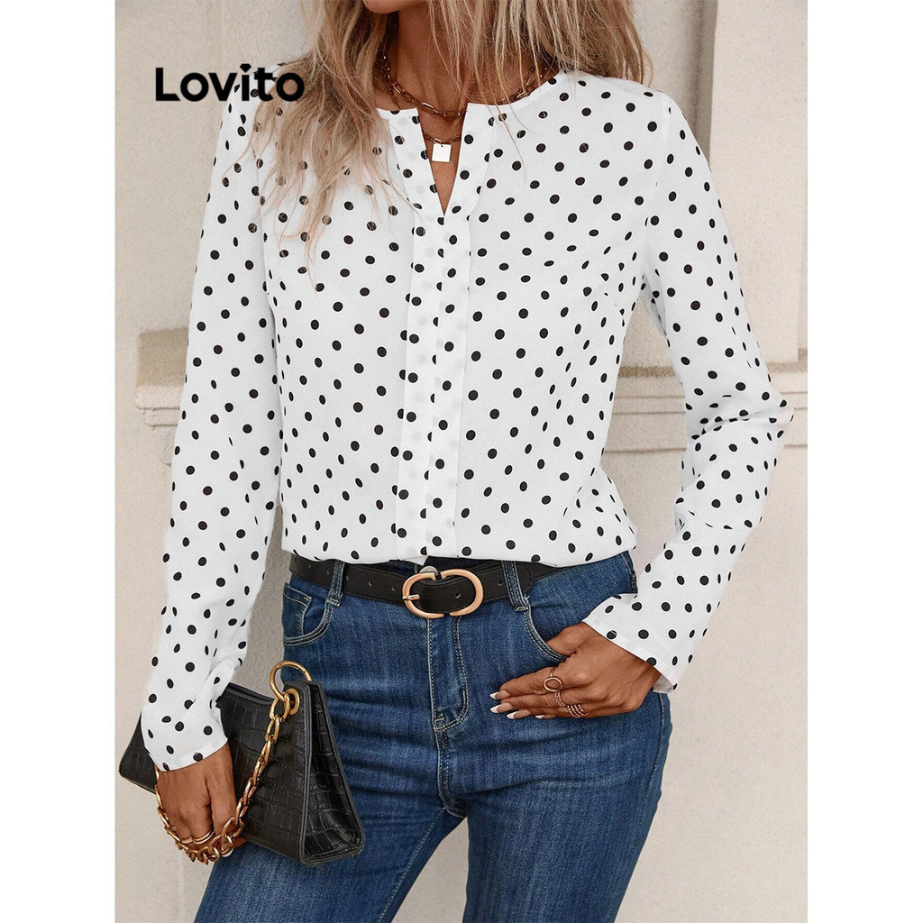 Lovito Elegant Polka Dot Split Front Blouse For Women LBL11066 Lovito