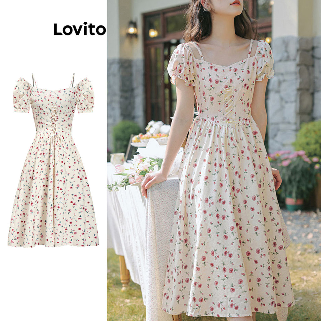 Lovito Boho Ditsy Floral Pattern Lace Up Dress For Women L Ed