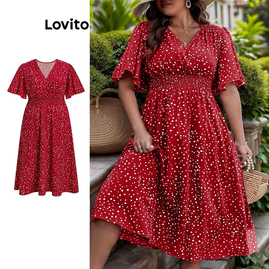 Lovito Plus Size Curve Boho Polka Dot Smocked Dress For Women Lbl